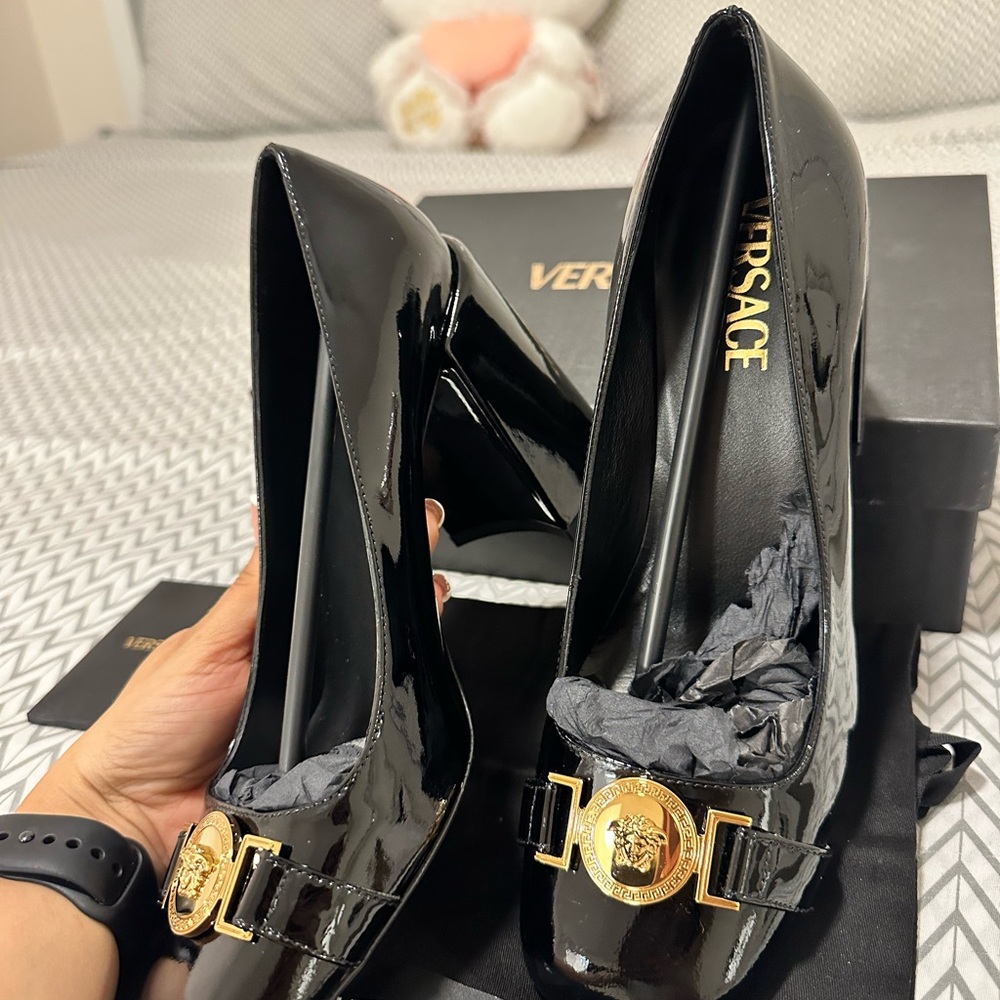 Versace Black Patent Heels with Gold Medallion